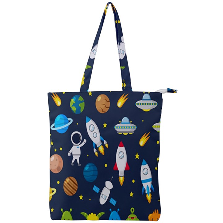 Big Set Cute Astronauts Space Planets Stars Aliens Rockets Ufo Constellations Satellite Moon Rover Double Zip Up Tote Bag