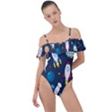 Big Set Cute Astronauts Space Planets Stars Aliens Rockets Ufo Constellations Satellite Moon Rover Frill Detail One Piece Swimsuit View1