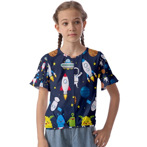 Big Set Cute Astronauts Space Planets Stars Aliens Rockets Ufo Constellations Satellite Moon Rover Kids  Cuff Sleeve Scrunch Bottom T-shirt by Cemarart