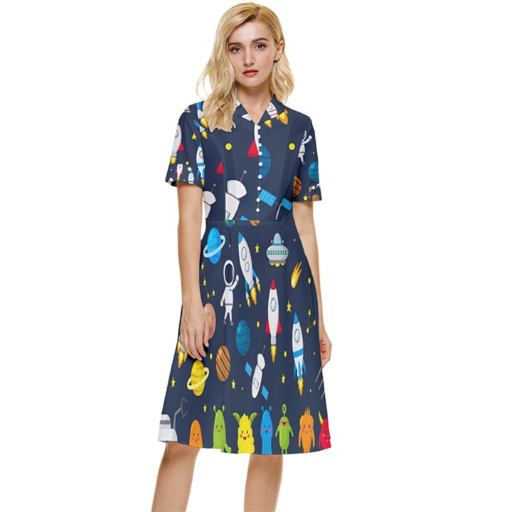 Big Set Cute Astronauts Space Planets Stars Aliens Rockets Ufo Constellations Satellite Moon Rover Button Top Knee Length Dress