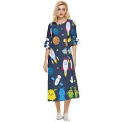 Big Set Cute Astronauts Space Planets Stars Aliens Rockets Ufo Constellations Satellite Moon Rover Double Cuff Midi Dress by Cemarart