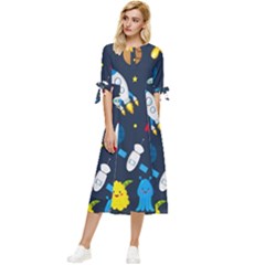 Big Set Cute Astronauts Space Planets Stars Aliens Rockets Ufo Constellations Satellite Moon Rover Bow Sleeve Chiffon Midi Dress by Cemarart