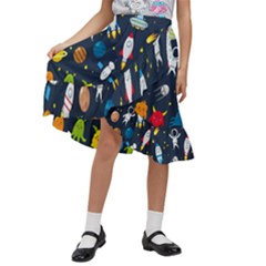 Big Set Cute Astronauts Space Planets Stars Aliens Rockets Ufo Constellations Satellite Moon Rover Kids  Ruffle Flared Wrap Midi Skirt by Cemarart