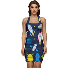 Big Set Cute Astronauts Space Planets Stars Aliens Rockets Ufo Constellations Satellite Moon Rover Sleeveless Wide Square Neckline Ruched Bodycon Dress by Cemarart