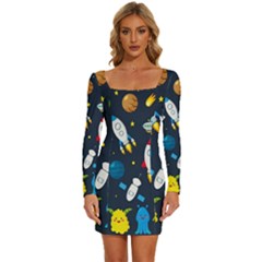 Big Set Cute Astronauts Space Planets Stars Aliens Rockets Ufo Constellations Satellite Moon Rover Long Sleeve Square Neck Bodycon Velvet Dress by Cemarart