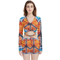 Tie Dye Peace Sign Velvet Wrap Crop Top And Shorts Set by Cemarart