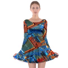 Gray Circuit Board Electronics Electronic Components Microprocessor Long Sleeve Skater Dress