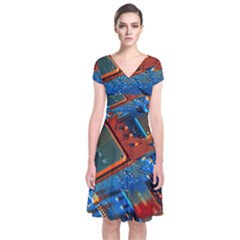 Gray Circuit Board Electronics Electronic Components Microprocessor Short Sleeve Front Wrap Dress