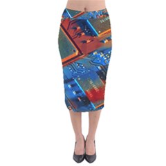 Gray Circuit Board Electronics Electronic Components Microprocessor Velvet Midi Pencil Skirt