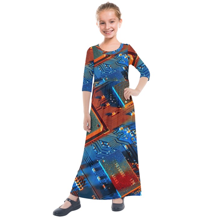 Gray Circuit Board Electronics Electronic Components Microprocessor Kids  Quarter Sleeve Maxi Dress