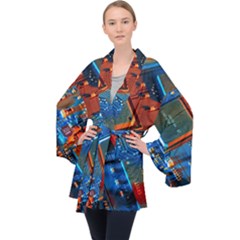 Gray Circuit Board Electronics Electronic Components Microprocessor Long Sleeve Velvet Kimono 