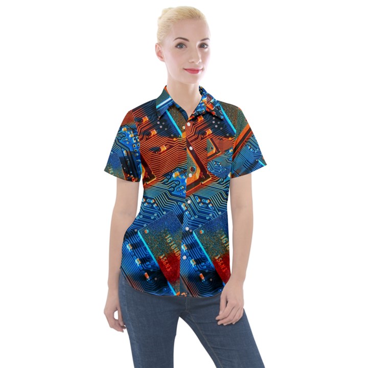 Gray Circuit Board Electronics Electronic Components Microprocessor Women s Short Sleeve Pocket Shirt