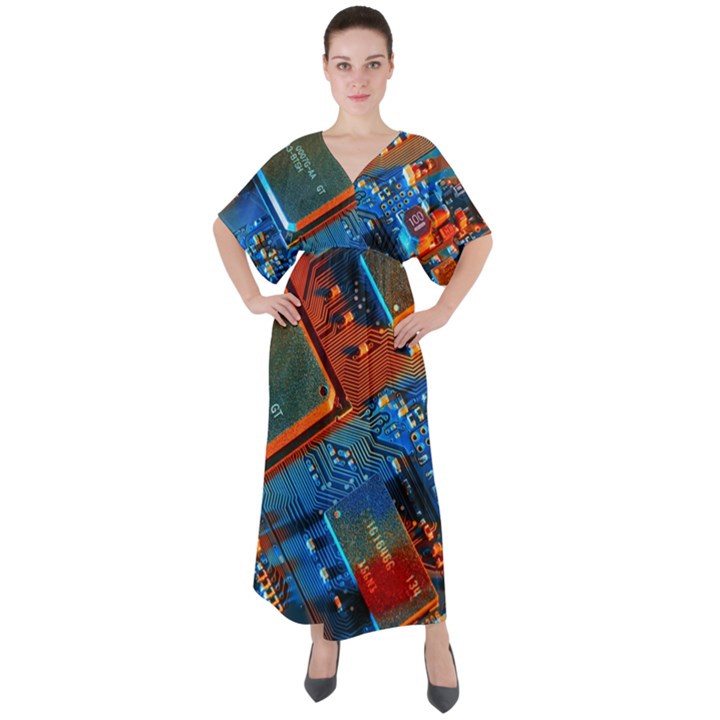 Gray Circuit Board Electronics Electronic Components Microprocessor V-Neck Boho Style Maxi Dress