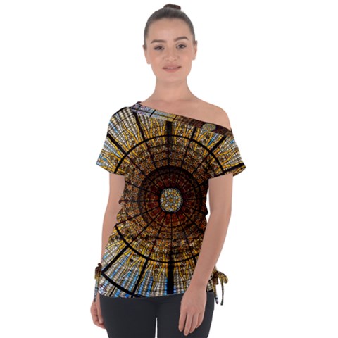 Barcelona Stained Glass Window Off Shoulder Tie-up T-shirt by Cemarart