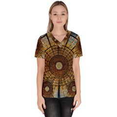 Barcelona Stained Glass Window Women s V-neck Scrub Top by Cemarart