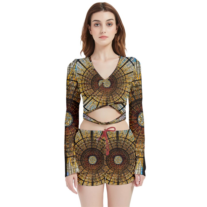 Barcelona Stained Glass Window Velvet Wrap Crop Top and Shorts Set