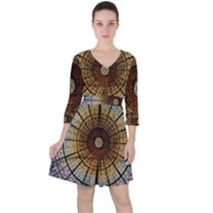 Barcelona Stained Glass Window Quarter Sleeve Ruffle Waist Dress by Cemarart