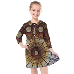 Barcelona Stained Glass Window Kids  Quarter Sleeve Shirt Dress by Cemarart