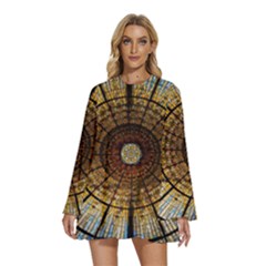 Barcelona Stained Glass Window Round Neck Long Sleeve Bohemian Style Chiffon Mini Dress by Cemarart