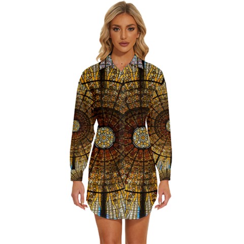 Barcelona Stained Glass Window Womens Long Sleeve Shirt Dress by Cemarart