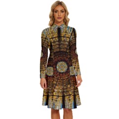 Barcelona Stained Glass Window Long Sleeve Shirt Collar A-line Dress by Cemarart