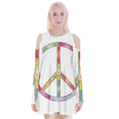 Flourish Decorative Peace Sign Velvet Long Sleeve Shoulder Cutout Dress by Cemarart