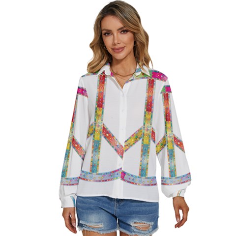 Flourish Decorative Peace Sign Women s Long Sleeve Button Up Shirt by Cemarart