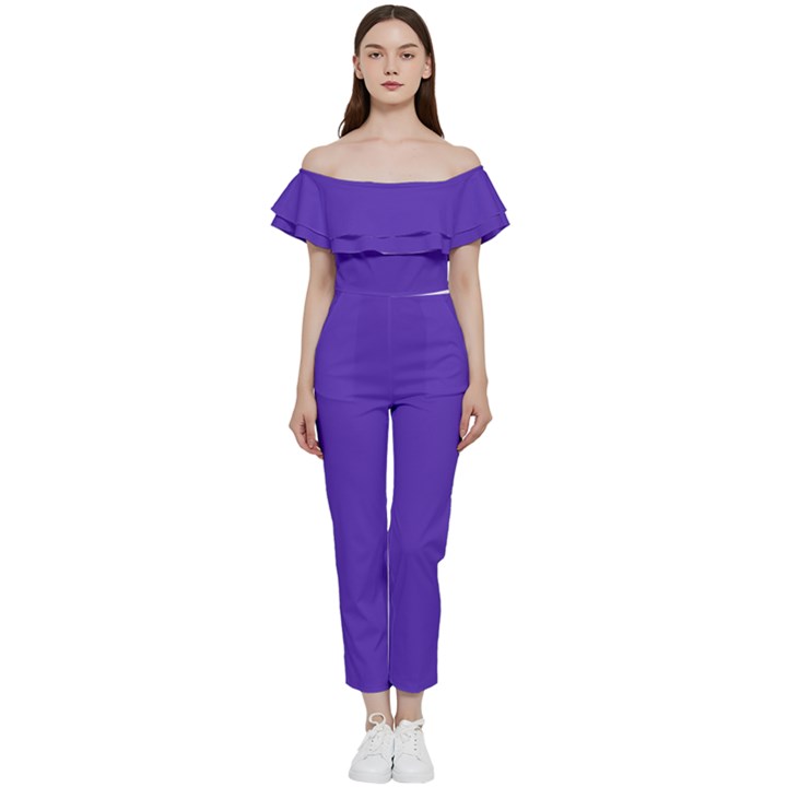 Ultra Violet Purple Bardot Ruffle jumpsuit