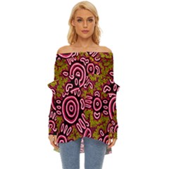 Authentic Aboriginal Art - You Belong Off Shoulder Chiffon Pocket Shirt by hogartharts