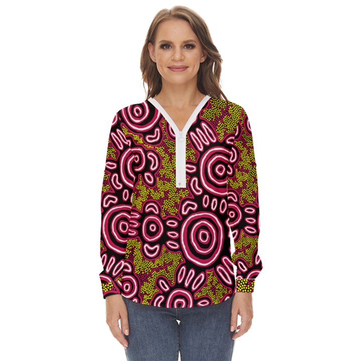 Authentic Aboriginal Art - You Belong Zip Up Long Sleeve Blouse