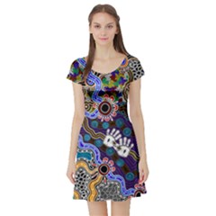 Authentic Aboriginal Art - Discovering Your Dreams Short Sleeve Skater Dress by hogartharts