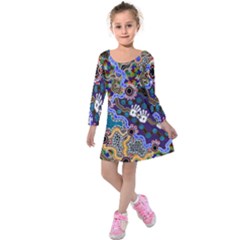 Authentic Aboriginal Art - Discovering Your Dreams Kids  Long Sleeve Velvet Dress by hogartharts