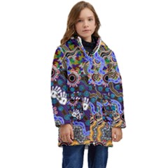 Authentic Aboriginal Art - Discovering Your Dreams Kids  Hooded Longline Puffer Jacket by hogartharts