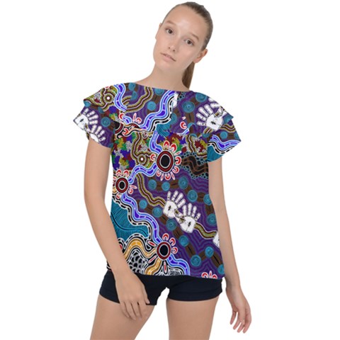 Authentic Aboriginal Art - Discovering Your Dreams Ruffle Collar Chiffon Blouse by hogartharts