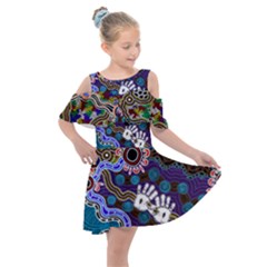 Authentic Aboriginal Art - Discovering Your Dreams Kids  Shoulder Cutout Chiffon Dress by hogartharts