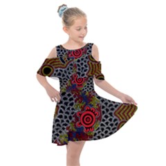 Authentic Aboriginal Art - Gathering 2 Kids  Shoulder Cutout Chiffon Dress by hogartharts