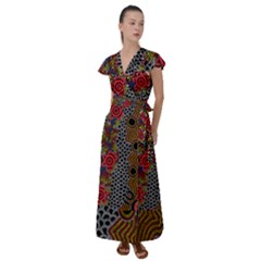 Authentic Aboriginal Art - Gathering 2 Flutter Sleeve Maxi Dress by hogartharts