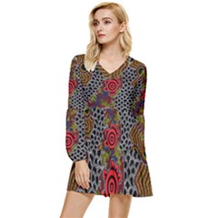 Authentic Aboriginal Art - Gathering 2 Tiered Long Sleeve Mini Dress by hogartharts