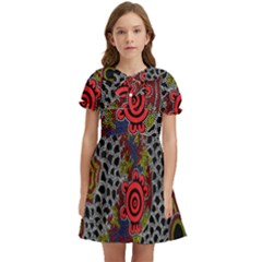 Authentic Aboriginal Art - Gathering 2 Kids  Bow Tie Puff Sleeve Dress by hogartharts