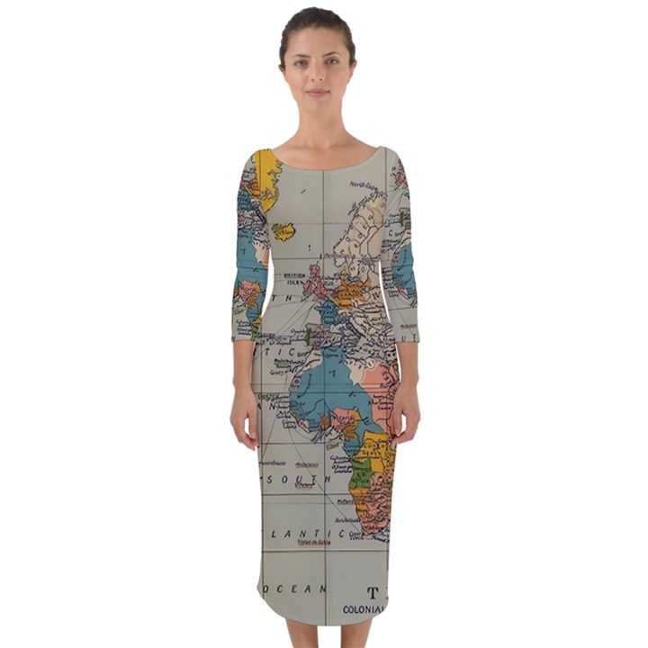 Illustration Ukrainian Folk Seamless Pattern Ornament Quarter Sleeve Midi Bodycon Dress