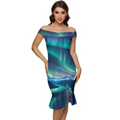 Aurora Borealis Off Shoulder Ruffle Split Hem Bodycon Dress by Ndabl3x