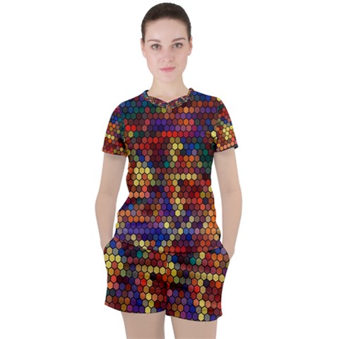 Hexagon Honeycomb Pattern Design Women s T-shirt And Shorts Set by Ndabl3x