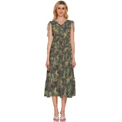 Birds Pattern Colorful V-neck Drawstring Shoulder Sleeveless Maxi Dress