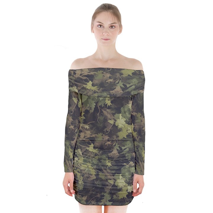 Camouflage Military Long Sleeve Off Shoulder Dress