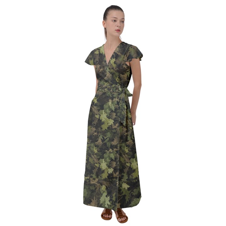 Camouflage Military Flutter Sleeve Maxi Dress