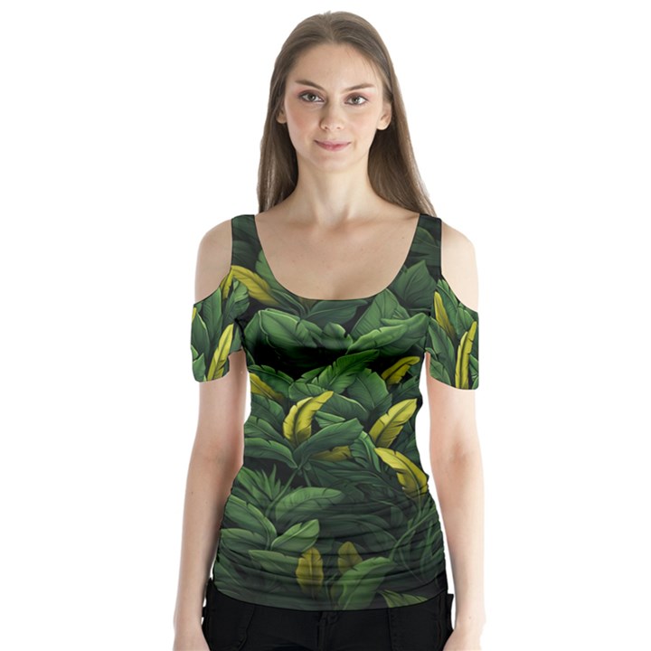 Banana leaves Butterfly Sleeve Cutout T-Shirt 