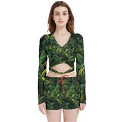 Banana leaves Velvet Wrap Crop Top and Shorts Set