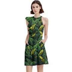 Banana leaves Cocktail Party Halter Sleeveless Dress With Pockets