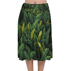 Banana leaves Velvet Flared Midi Skirt