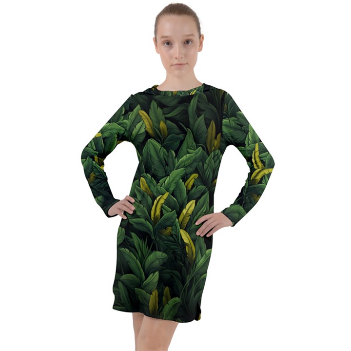 Banana leaves Long Sleeve Hoodie Dress